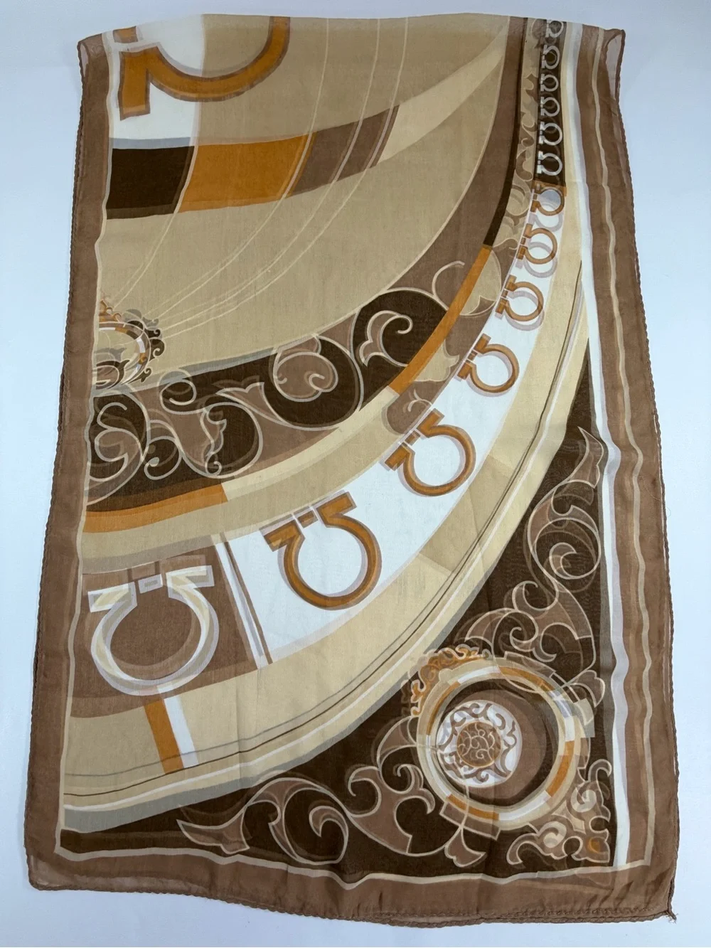 Equestrian Horseshoe Oblong Scarf Taupe Brown Cream Chiffon Sheer 64x21
